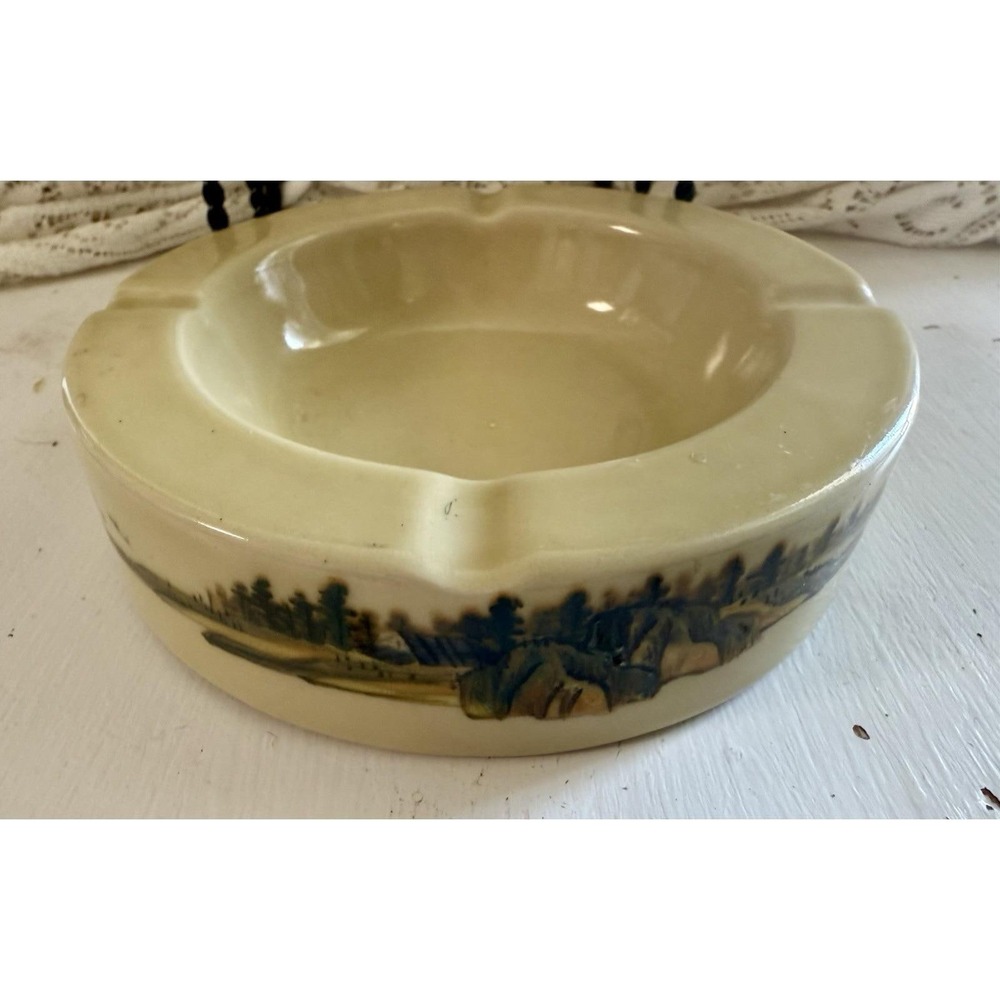 Table Ashtray Vintage Taiwan R.O.C. Glazed Ceramic Yellow Asian Landscape Art